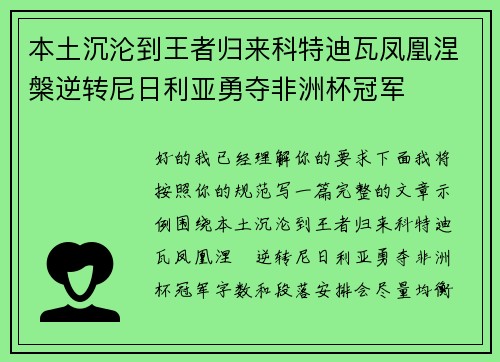 本土沉沦到王者归来科特迪瓦凤凰涅槃逆转尼日利亚勇夺非洲杯冠军